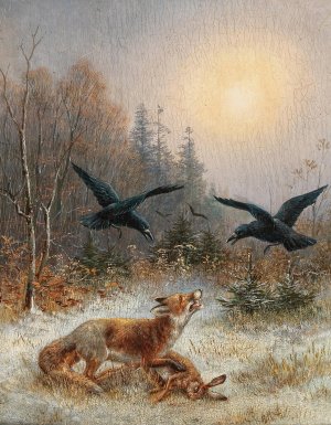 Ein Fuchs verteidigt seine Beute by Moritz Muller Oil Painting