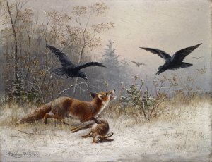 Fox Chasing Rabbits in Winter by Moritz Muller Oil Painting
