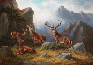 Hirsch und Rehwild im Gebirge by Moritz Muller Oil Painting