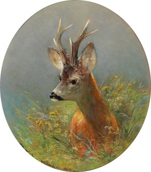 Roebuck Standing in the Tall Grass by Moritz Muller Oil Painting