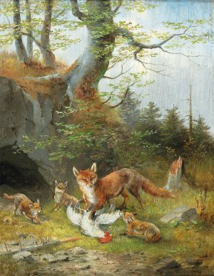 Young fox family with prey by Moritz Muller Oil Painting