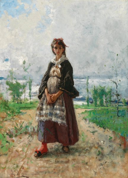 A Promenade on the Lakeside by Mose Bianchi - Hand-Painted Oil Painting Reproduction
