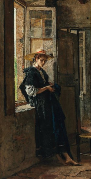 Lady with Strawhat by the Window by Mose Bianchi Oil Painting