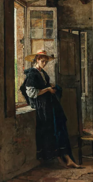 Lady with Strawhat by the Window by Mose Bianchi Oil Painting