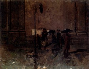 Una Strada Sotto La Pioggia, Milano Oil painting by Mose Bianchi
