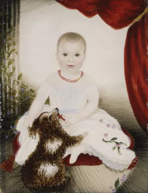 Baby with Rattle and Dog by Moses B. Russell Oil Painting