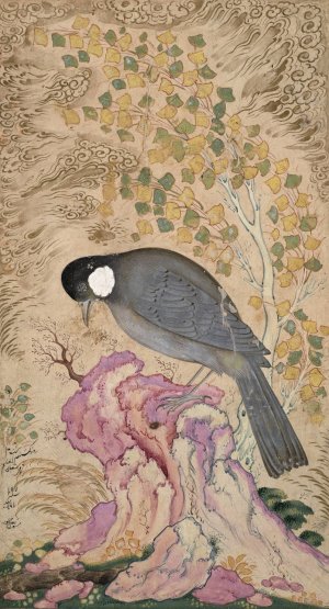 White-Eared Bulbul Perched on a Pink Rock by Mu'In Musavvir Oil Painting