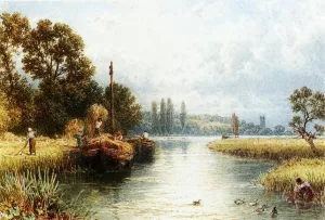Myles Birket Foster Loading the Hay Barges with a Young Woman Taking Water from the River in the Foreground by Myles Birket Foster - Oil Painting Reproduction