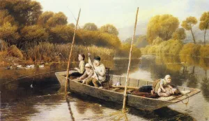 Boys Fishing from a Punt by Myles Birket Foster Oil Painting