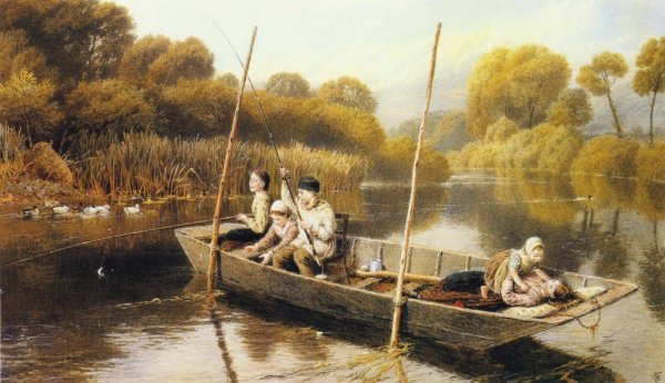 Main Product Photo of Boys Fishing from a Punt Painting by Myles Birket Foster