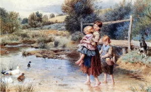 Children Paddling in a Stream by Myles Birket Foster - Oil Painting Reproduction