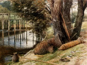 Eel Pots, On The Banks Of A River by Myles Birket Foster - Oil Painting Reproduction