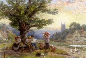 Figures And Children Beneath A Tree In A Village by Myles Birket Foster Oil Painting