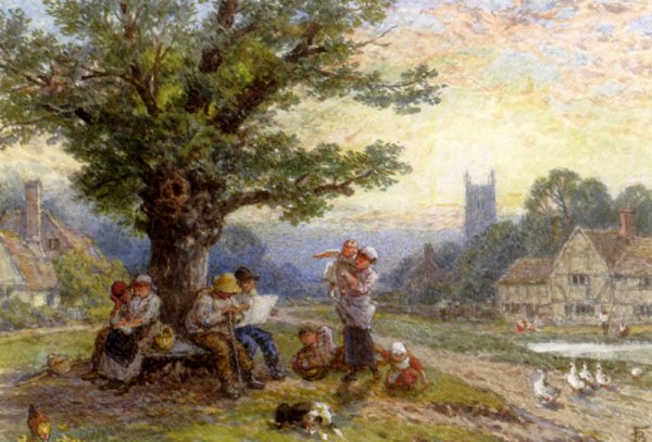 Main Product Photo of Figures And Children Beneath A Tree In A Village Painting by Myles Birket Foster