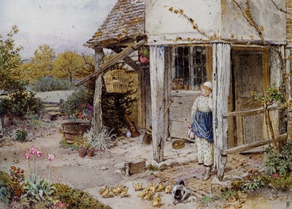 Main Product Photo of Girl Outside a Cottage Painting by Myles Birket Foster