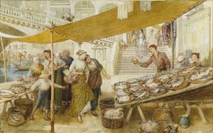 The Fish Market On The Steps Of The Rialto Bridge by Myles Birket Foster Oil Painting