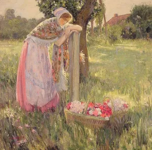 Resting by a Basket of Flowers by Myron G Barlow - Oil Painting Reproduction