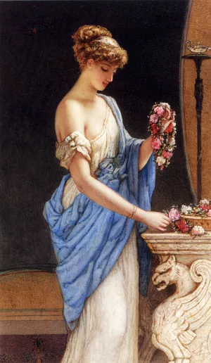 A Girl In Classical Dress Arranging A Garland Of Flowers by N.W.S. Bouvier Oil Painting