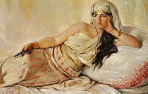 Reclining woman with scissors by Narciso Sentenach Oil Painting