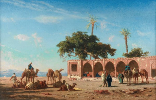 Main Product Photo of The Caravan Resting In Siout, Egypt Painting by Narcisse Berchere