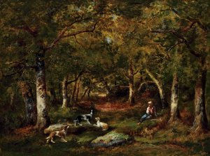 Enfant Et Chiens De Chasse En Foret by Narcisse-Virgile Diaz De La Pena Oil Painting