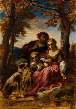 Figures and a Dog in a Landscape by Narcisse-Virgile Diaz De La Pena Oil Painting