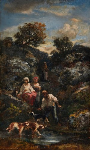 Quatre Bohemiens Et Chiens, Une Mare Pres De Rochers by Narcisse-Virgile Diaz De La Pena Oil Painting