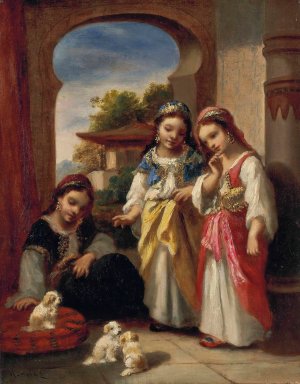 Trois fillettes et trois chiots en Turquie by Narcisse-Virgile Diaz De La Pena Oil Painting