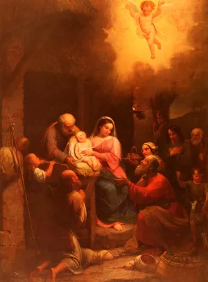 La Vista De' Pastori Al Bambino Gesu Nel Presepio by Natale Schiavoni Oil Painting