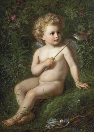 Putto Feeding A Strawberry To A Bird by Nathanael Schmitt Oil Painting