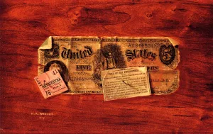 Still Life with $5 Bill, Ticket Stub and Newspaper Clipping Oil painting by Nicholas Alden Brooks