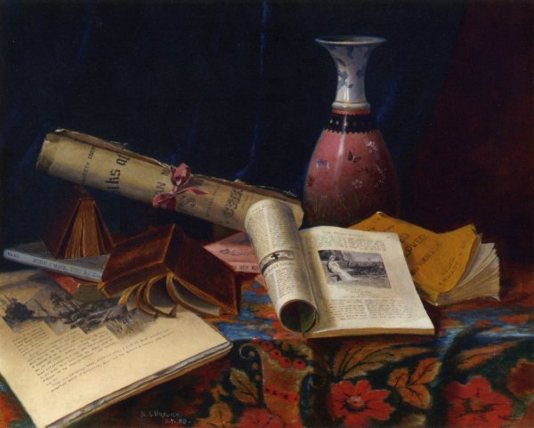 Main Product Photo of Still Life with Vase and Books Painting by Nicholas Alden Brooks