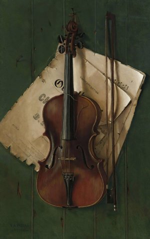 Still Life With Violin, Bow And Sheet Music by Nicholas Alden Brooks Oil Painting