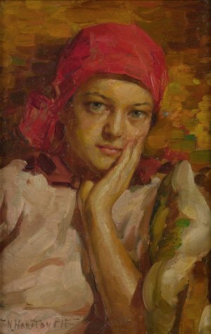 Portrait of a girl in a red scarf by Nicholas B. Haritonoff Oil Painting