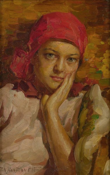 Main Product Photo of Portrait of a girl in a red scarf Painting by Nicholas B. Haritonoff