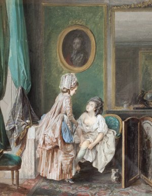 Lady Pulling on her Stockings by Niclas Lafrensen Oil Painting
