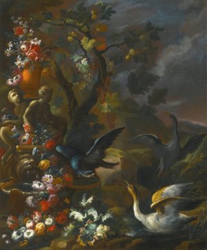 An Outdoor Still Life With Birds Beside An Ornate Sculpted Fountain by Nicola Casissa Oil Painting