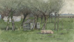 Boerenerf met liggend varken by Nicolaas Bastert Oil Painting