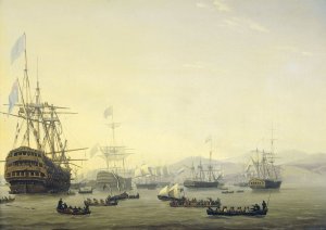 Council of War on board the 'Queen Charlotte', commanded by Lord Exmouth, prior to the Bombardment of Algiers, 26 August 1816 by Nicolaas Baur Oil Painting