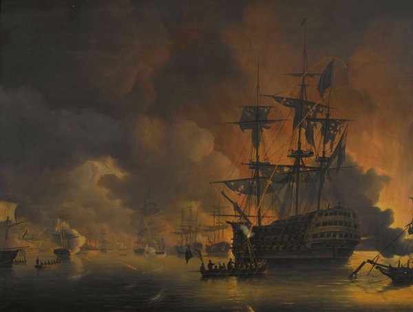 The fire on the Wharves of Algiers, shortly after the commencement of the Bombardment by the Anglo-Dutch Fleet, 27 August 1816  by Nicolaas Baur - Hand-Painted Oil Painting Reproduction