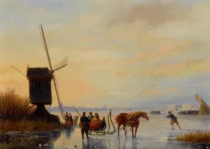 A Horse and Sledge on the Ice a Koek en Zopie in the Distance by Nicolaas Johannes Roosenboom - Oil Painting Reproduction