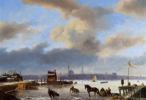 Figures Skating on the Ij, with Amsterdam Beyond by Nicolaas Johannes Roosenboom Oil Painting