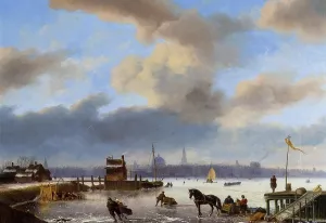 Figures Skating on the Ij, with Amsterdam Beyond by Nicolaas Johannes Roosenboom Oil Painting