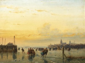 Numerous Skaters Near A Town by Nicolaas Johannes Roosenboom Oil Painting