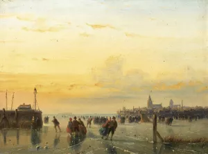 Numerous Skaters Near A Town by Nicolaas Johannes Roosenboom Oil Painting