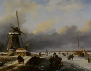 Skaters on a Frozen River by Nicolaas Johannes Roosenboom - Oil Painting Reproduction