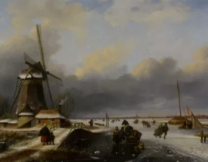 Skaters on a Frozen River Oil painting by Nicolaas Johannes Roosenboom