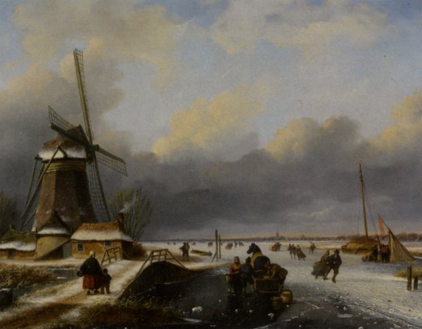 Skaters on a Frozen River by Nicolaas Johannes Roosenboom - Hand-Painted Oil Painting Reproduction