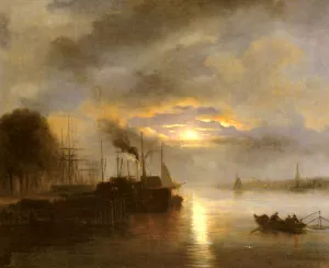 Vessels Before a Harbour Town by Moonlight, possibly Rotterdam by Nicolaas Johannes Roosenboom Oil Painting