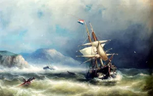 A Barque In Distress Off A Rocky Coast by Nicolaas Riegen Oil Painting